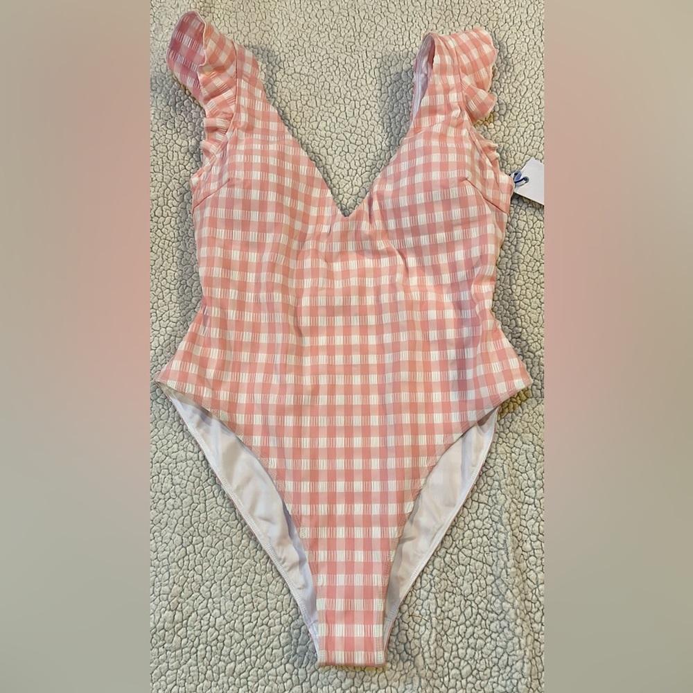 NWT Southern Tide One Piece Size L Swimsuit Pink White Checkered V-neck low cut
